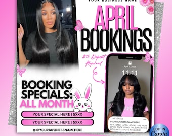 Sjabloon boekingsflyer april, boekingsflyer voorjaar, boekingsspecials Pasen, wimpernagels haar, flyer vlechten pruiken Locs, specials schoonheidsspecialiste