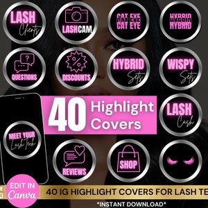 May include: A set of 40 pink and black Instagram highlight covers for lash technicians. The covers feature various designs, including a camera, a percentage sign, a question mark, a shopping bag, a heart, eyelashes, and text that says "Lash Clients", "Lash Cam", "Discounts", "Questions", "Hybrid Sets", "Wispy Sets", "Meet Your Lash Tech", "Reviews", "Shop", "Lash Cash".