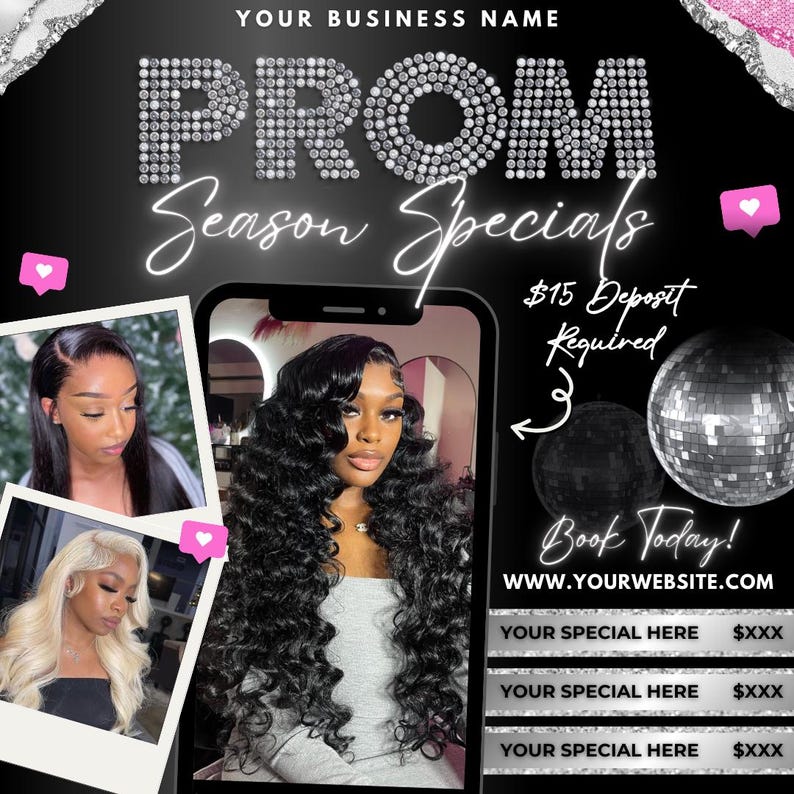 Puede incluir: Un gr&aacute;fico en blanco y negro con el texto "PROM Season Specials" en una fuente brillante. El gr&aacute;fico tambi&eacute;n incluye una pantalla de tel&eacute;fono con una modelo que lleva una larga peluca negra, una bola de discoteca y el texto "15&euro; de dep&oacute;sito requerido" y "&iexcl;Reserva hoy! WWW.YOURWEBSITE.COM".