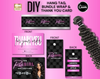 Hair Business Branding Kit, Bundle Wrap, Hang Tag, Thank You Card Template (Canva)