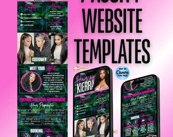 May include: A digital marketing graphic for a hair salon, featuring website templates. The design includes the salon's name, contact information, and examples of website layouts. The templates are designed for easy customization.