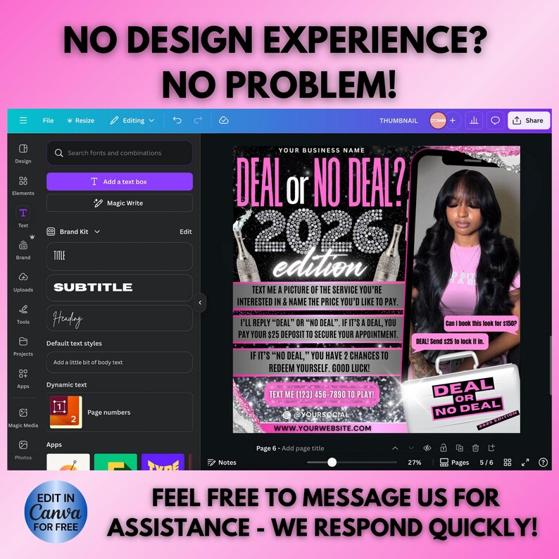 Puede incluir: Una interfaz de dise&ntilde;o de Canva con el texto "&iquest;SIN EXPERIENCIA EN DISE&Ntilde;O? &iexcl;NO HAY PROBLEMA!". La imagen presenta un gr&aacute;fico de "&iquest;Trato o No Trato?" con una mujer y un tel&eacute;fono. El texto incluye "edici&oacute;n 2026" e informaci&oacute;n de contacto.