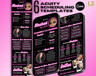 May include: Six pink and black phone screen templates for scheduling appointments for lash extensions. The templates include the text "Lashed by Lexi", "Meet Your Lash Tech", "Prepare for Your Appointment", and "Booking Policies".