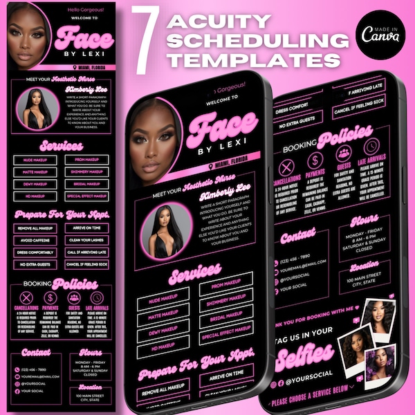 Makeup Artist Acuity Scheduling Template, Makeup Artist Brand, Makeup Artist Website, Makeup Artist Booking, Pink and Black Acuity Template