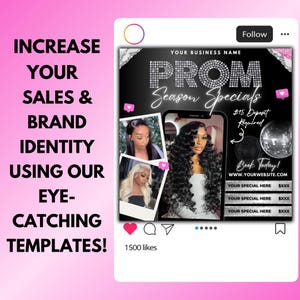 Puede incluir: Una publicaci&oacute;n de Instagram en blanco y negro que promociona las ofertas especiales de temporada de graduaci&oacute;n de una peluquer&iacute;a. La publicaci&oacute;n presenta un collage de fotos de tres mujeres con diferentes peinados, una superposici&oacute;n de texto que dice "PROM Season Specials", y una llamada a la acci&oacute;n para reservar hoy. La publicaci&oacute;n tambi&eacute;n incluye un precio para un dep&oacute;sito y una direcci&oacute;n de sitio web.