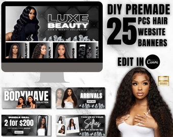 Web Banner Slide, Hair Website Banner, Shopify Godaddy, Wix, Website banner set, Wig Boutique Website Banner, Hair Banner set, DIY Web slide