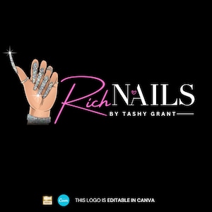May include: A pink and white logo with the text "Rich Nails" and the words "By Tashi Grant" in smaller font. A hand with long, glittery nails is shown in the left corner of the logo.