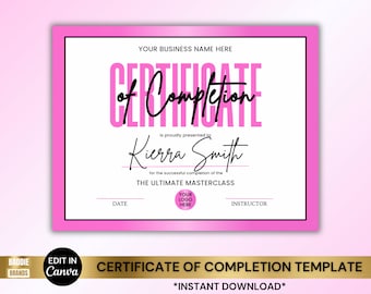 Certificate of Completion Template: Lash, Nail, Makeup Class (Digital Download)
