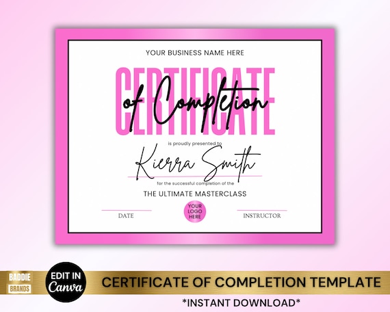 Certificate of Completion Template: Lash, Nail, Makeup Class (Digital Download)