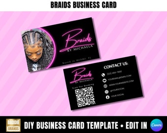 Braids Business Card Template, QR Code Business Card Design, Black Business Card