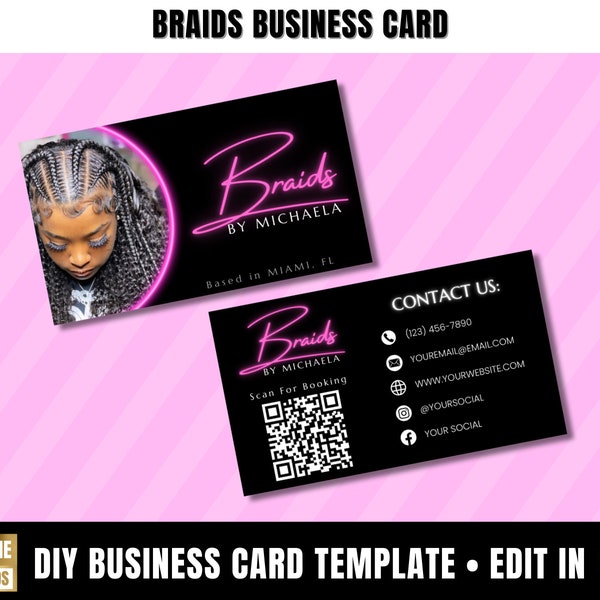 Braid Business Card Template, DIY Marketing Cards Design, Hair Business Card, Hairdresser Cards, Hair Extensions Business Card, Braids Logo