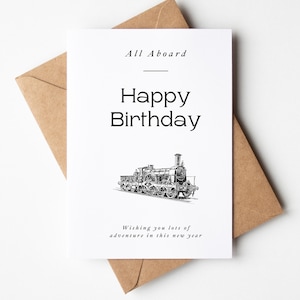 Tarjeta de cumpleaños All Aboard / Tarjeta de cumpleaños temática del tren / Tarjeta de cumpleaños imprimible / Descarga digital / Descarga instantánea