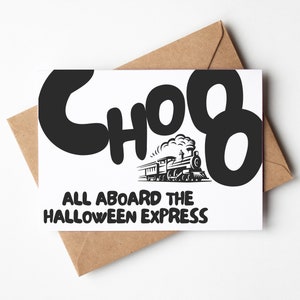 Tarjeta de felicitación Halloween Express / Tarjeta de Halloween con temática de trenes / Tarjeta de Halloween imprimible / Descarga digital / Descarga instantánea