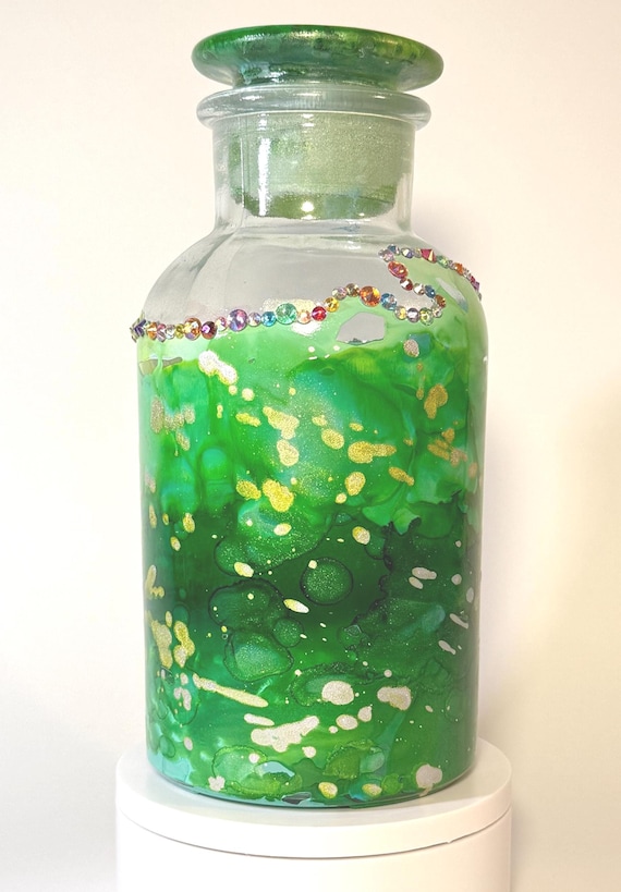 Mottled Green Hand-Painted Jar with Crystals