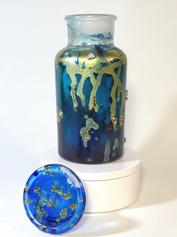 Blue and Gold Hand-Painted Jar with Crystals
