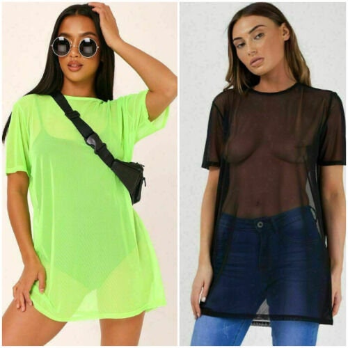 Ladies Short Sleeve Oversized Women Sheer Mesh T-Shirt Dress Baggy