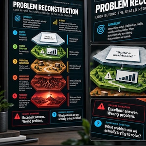Pode incluir: Um cartaz educativo emoldurado intitulado Problem Reconstruction in an AI-Mediated Environment. Apresenta um diagrama hexagonal de cinco camadas que ilustra um processo desde a solicitação inicial até o problema a resolver, com texto e ícones.