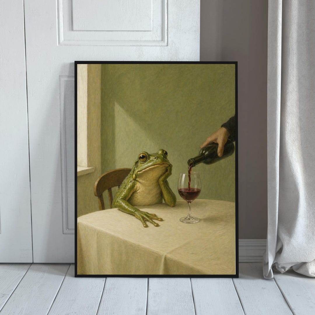 Vintage Frog Drinking Wine Poster, Art Funny Frog, Retro Whimsical ...
