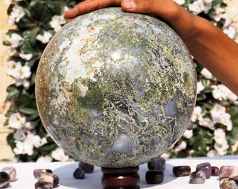 Large Moss Agate Sphere: Green Tree Agate with Druzy (220MM)