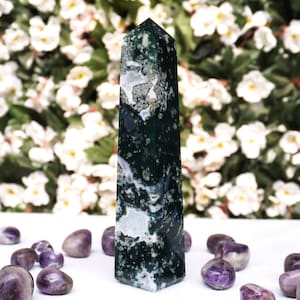 Green Moss Agate Tower | Quality 4 Faceted Amazing | 205MM | Chakra Stone Healing Power Green Moss Agate Obelisk Tower