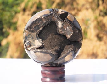 Esfera de septaria drusa amarilla: Piedra de aura espiritual grande, decoración metafísica (130 mm, 3,2 kg)