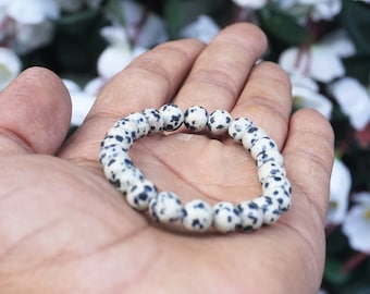 Dalmatian Jasper Bracelet: 8MM Round Gemstone, Stretchy Bracelet