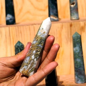 Moss Agate with Quartz Crystal Tower | 110X25MM |  Natural Moss Agate Crystal Stone, High Vibration Metaphysical Obelisk Tower