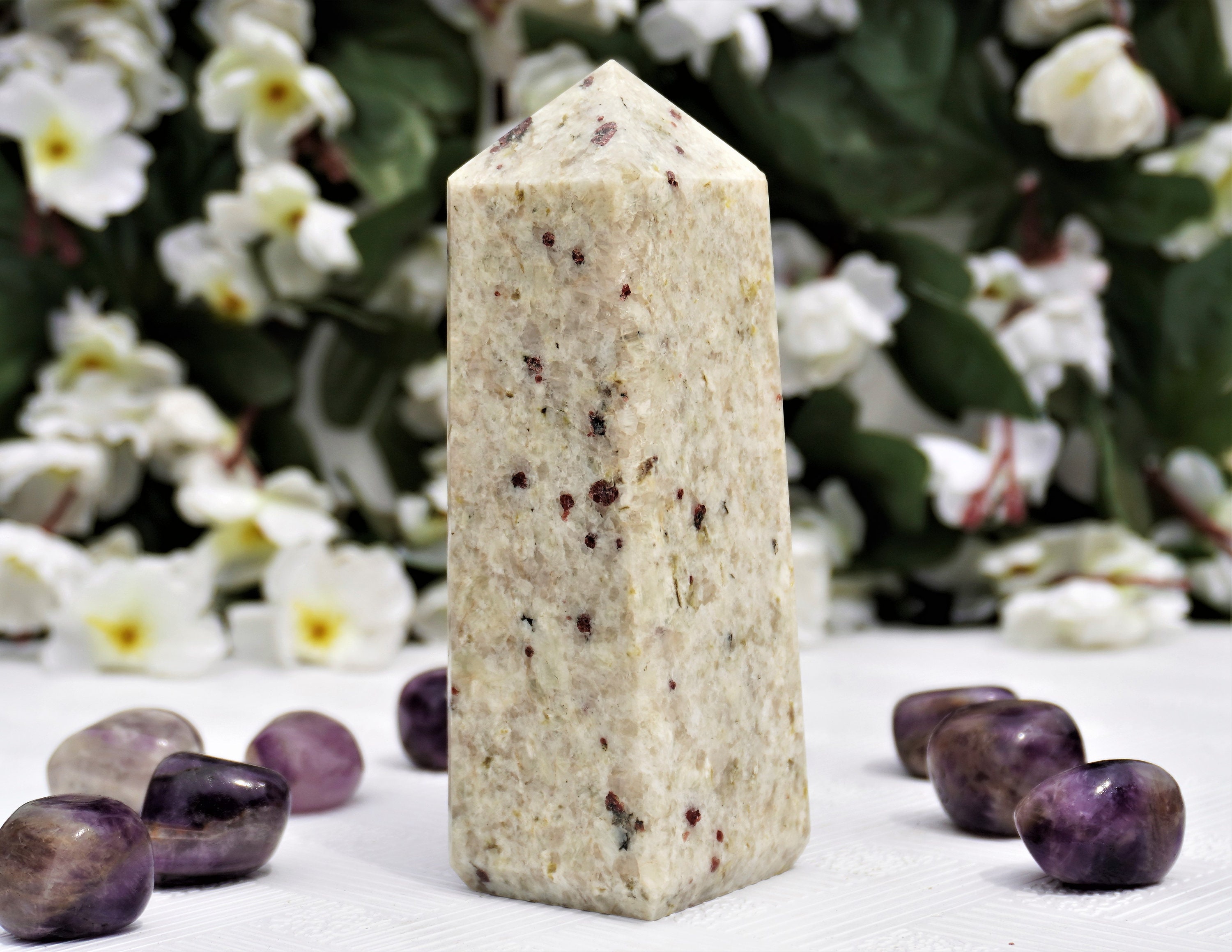 Cherry Blossom Stone Obelisk Tower: Cinnabrite Crystal Healing