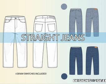 JEANS RECTOS - Plano de moda, plano vectorial, dibujo técnico, cad de moda