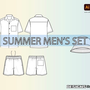Puede incluir: Un conjunto de ropa de verano para hombre que incluye una camisa blanca abotonada, dos pares de pantalones cortos blancos y un sombrero de pescador azul. El texto "SUMMER MEN'S SET" se muestra en una pancarta sobre la ropa.