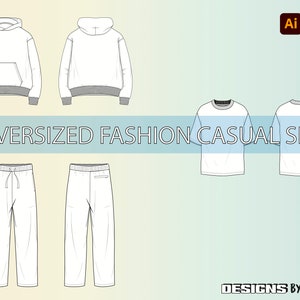 May include: A set of oversized fashion casual clothing designs. The set includes a hoodie, a t-shirt, and sweatpants. The designs are in black and white.
