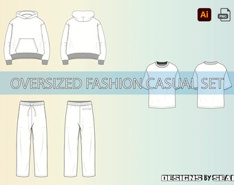 Felpa con cappuccio oversize Pantaloni dritti T-shirt Illustrazione di disegno tecnico piatto Modello di mock-up vuoto per download CAD di pacchetti di design e tecnologia