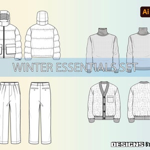 MENSWEAR Puffer Coat Sweater Cardigan Trousers Flat Technical Drawing Illustration Blank Mock-up Template Design & Tech Packs CAD Download