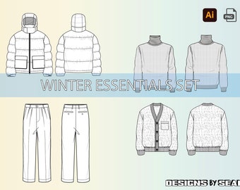 HERENKLEDING Gewatteerde jas Trui Vest Broek Plat Technische tekening Illustratie Blanco Mock-up Sjabloonontwerp & Tech Packs CAD Download