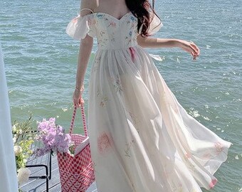 Fairy Mesh Print Suspender Dress for Women, One Shoulder Tube Top, High Waist, Slim Dresses, Summer.