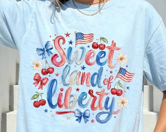 Sweet Land of Liberty Shirt, Coquette Patriotic Tee, Cherry Bow Americana Shirt, Fourth of July Graphic Tee, USA Shirt Women 51226