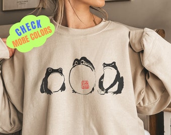 Frog Sweatshirt Hoodie, Grumpy Frog Sweat Shirt Unimpressed Frog Sweatshirt Cottagecore Sweater Japanese Aesthetic Matsumoto Hoji Art Hoodie
