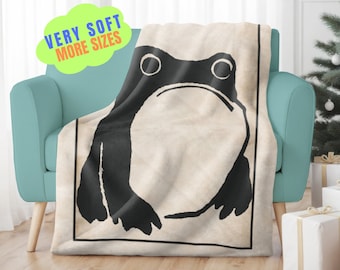 Frog Blanket, Unimpressed Frog Blanket, Velveteen Plush, Grumpy Frog Snuggle Blanket, Japanese Art Bed Throw, Cottagecore Neutral Blanket