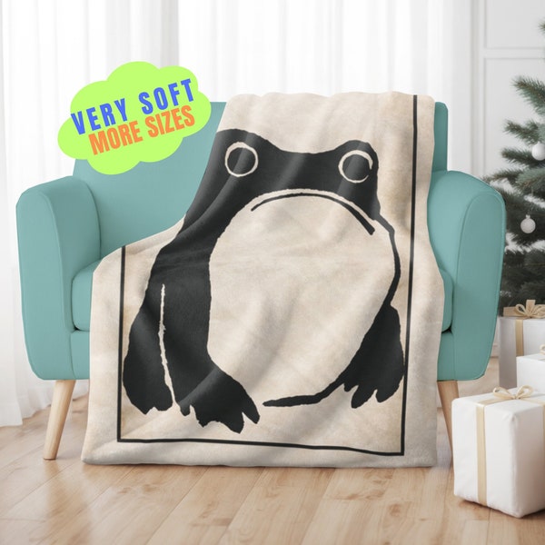 Frog Blanket, Unimpressed Frog Blanket, Velveteen Plush, Grumpy Frog Snuggle Blanket, Japanese Art Bed Throw, Cottagecore Neutral Blanket