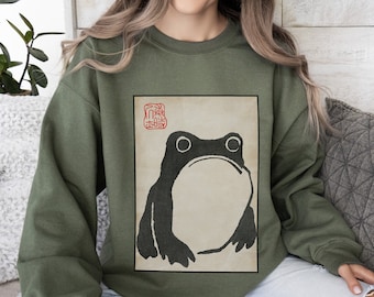 Frog Sweatshirt Vintage, Grumpy Frog Sweat Shirt, Unimpressed Frog Sweatshirt Cottagecore Sweater, Japan Frog Sweatshirt Japanese Matsumoto