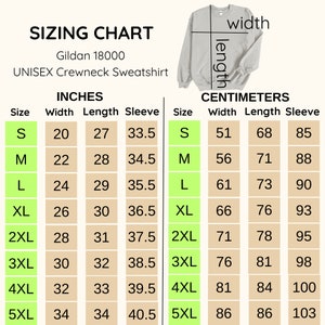 May include: A sizing chart for a Gildan 18000 unisex crewneck sweatshirt. The chart includes measurements in inches for width, length, and sleeve length, ranging from size S to 5XL. The width ranges from 20 to 34 inches.