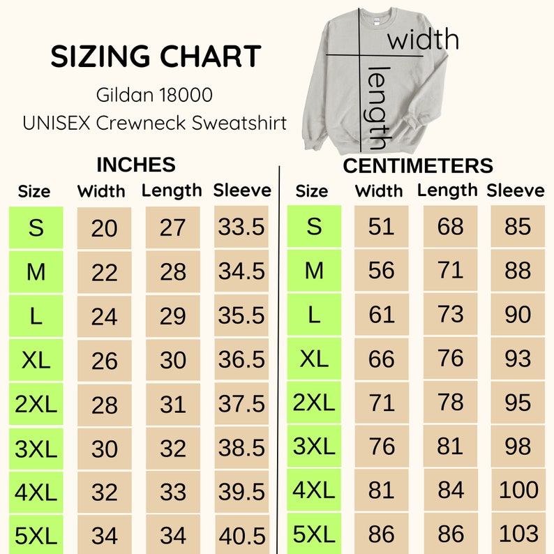 May include: A sizing chart for a Gildan 18000 unisex crewneck sweatshirt. The chart includes measurements in inches for width, length, and sleeve length, ranging from size S to 5XL. The width ranges from 20 to 34 inches.