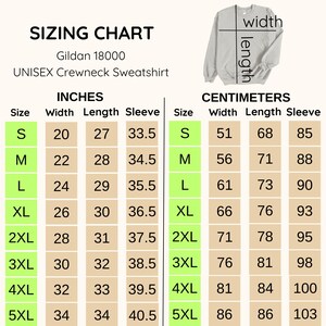 May include: Sizing chart for a unisex crewneck sweatshirt, showing measurements in inches and centimeters for sizes S through 5XL. The chart includes width, length, and sleeve measurements.