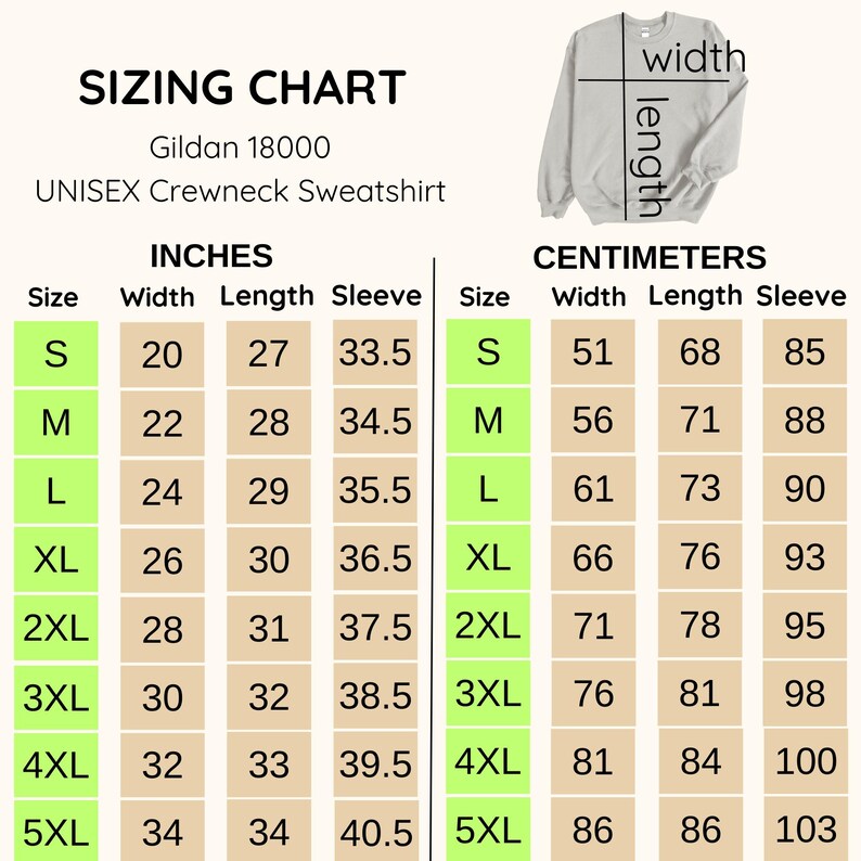 May include: Sizing chart for a unisex crewneck sweatshirt, showing measurements in inches and centimeters for sizes S through 5XL. The chart includes width, length, and sleeve measurements.