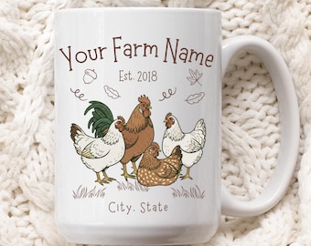 Custom Chicken Farm Ceramic Goffee Mug 11oz, 15oz, Personalized Christmas Gift Cup for Farmer Chicken Lover Homesteader Funny Chicken 12625