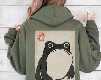 Unimpressed Frog Hoodie Sweatshirt Grumpy Frog Shirt Cottagecore Japanese Aesthetic by Matsumoto Hoji, Japan Vintage Art Sweatshirt 12825