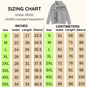 May include: Sizing chart for a unisex hooded sweatshirt in inches and centimeters. The chart shows the size, width, length, and sleeve length in both measurement systems. Sizes range from S to 5XL.