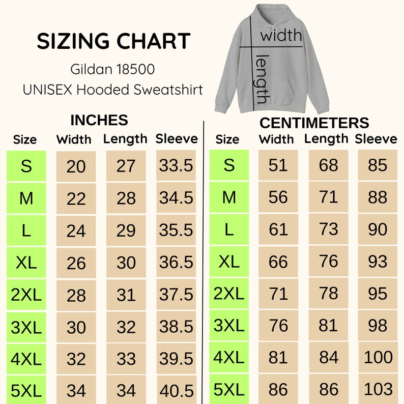 May include: Sizing chart for a unisex hooded sweatshirt in inches and centimeters. The chart shows the size, width, length, and sleeve length in both measurement systems. Sizes range from S to 5XL.