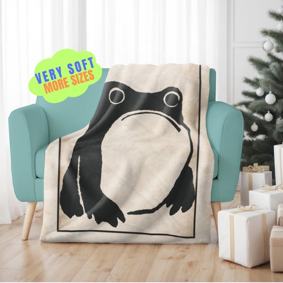 Frog Blanket, Unimpressed Frog Blanket, Velveteen Plush, Grumpy Frog Snuggle Blanket, Japanese Art Bed Throw, Cottagecore Neutral Blanket