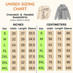 May include: A unisex sizing chart for crewneck and hooded sweatshirts, with measurements in inches. The chart includes sizes S to 4XL, detailing width, length, and sleeve measurements. The chart also includes measurements in centimeters.